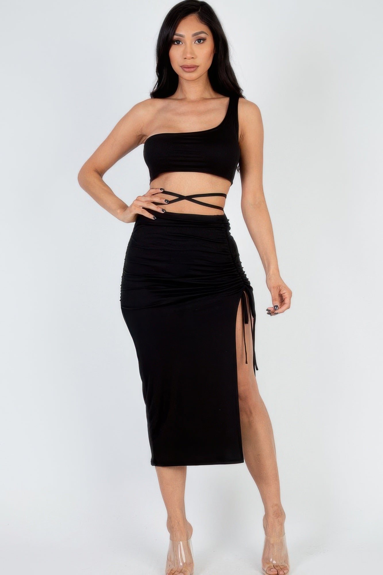Sexy Solid Color One Shoulder Crop Top & Drawstring Ruched Crisscross Tie Back Side Slit Hem Skirt Set Black