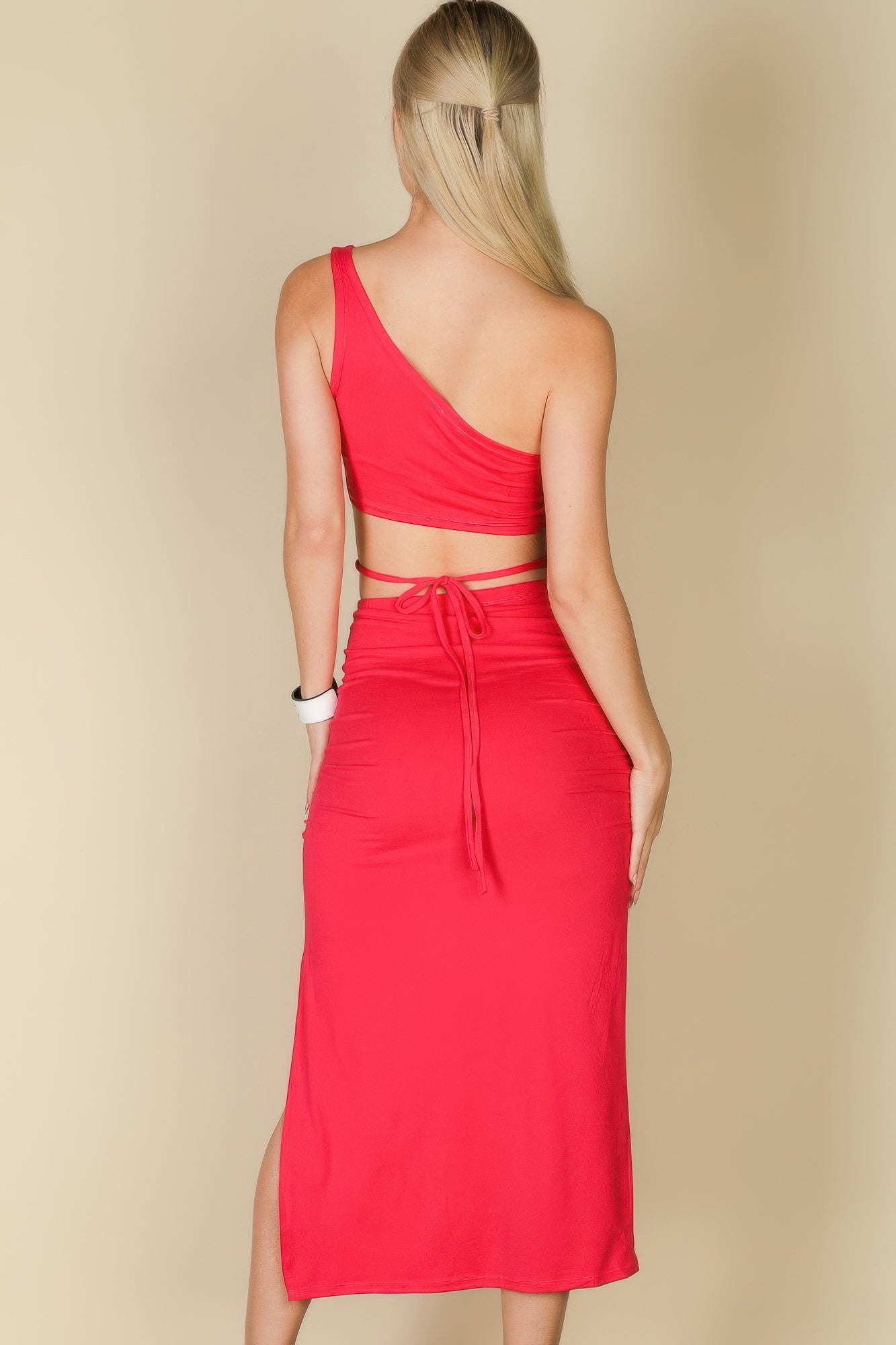 Sexy Solid Color One Shoulder Crop Top & Drawstring Ruched Crisscross Tie Back Side Slit Hem Skirt Set Red 5
