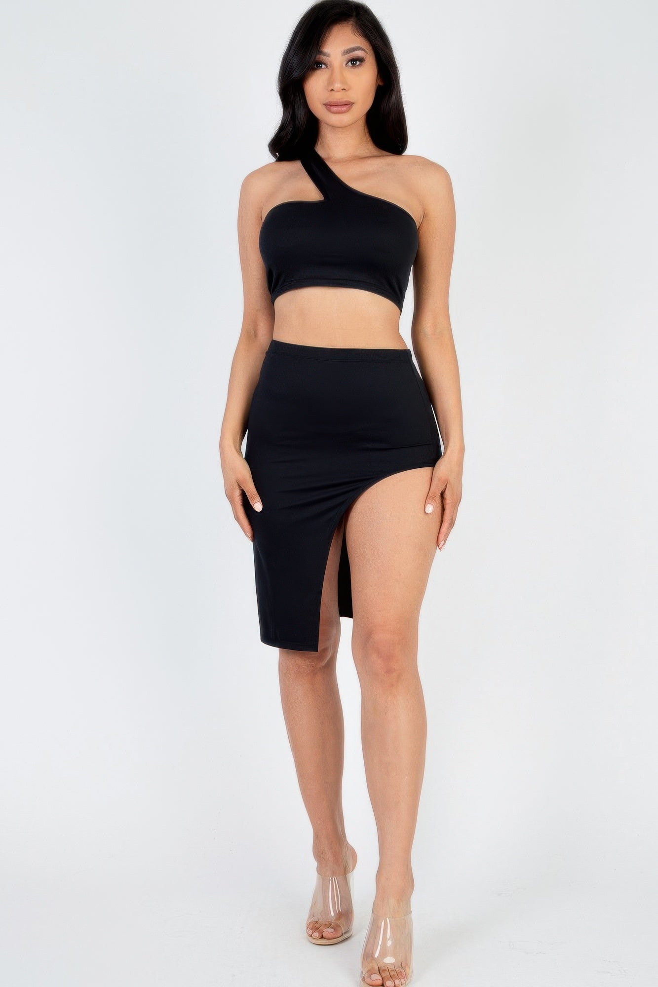 Sexy Solid One Shoulder Crop Top & Split Thigh Midi Skirt Set Black