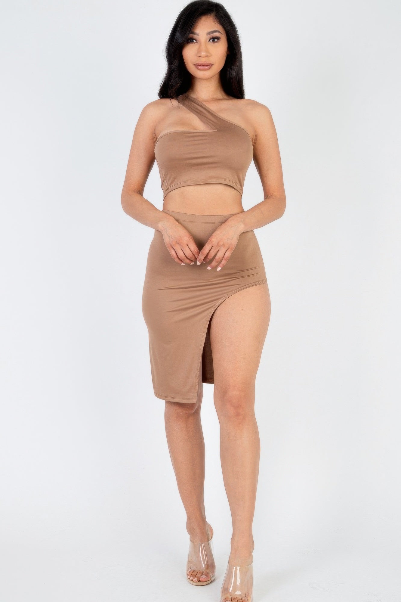 Sexy Solid One Shoulder Crop Top & Split Thigh Midi Skirt Set Brown