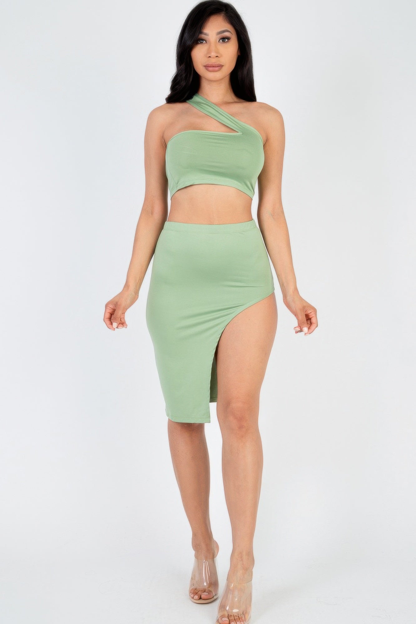 Sexy Solid One Shoulder Crop Top & Split Thigh Midi Skirt Set Green