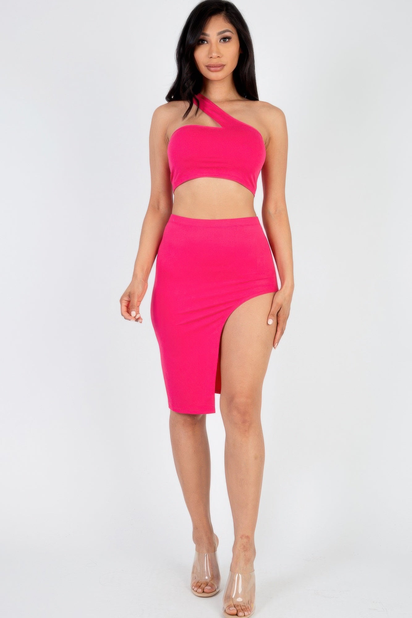Sexy Solid One Shoulder Crop Top & Split Thigh Midi Skirt Set Pink