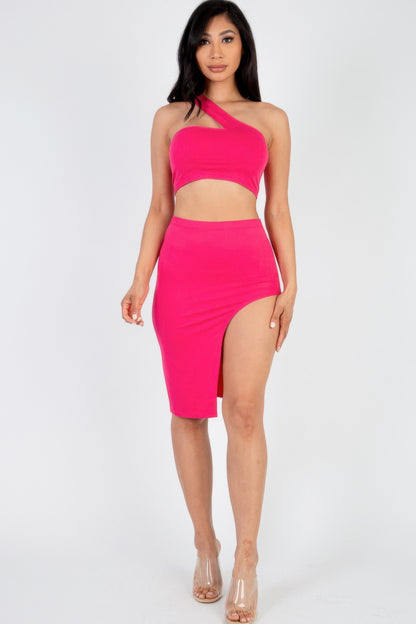 Sexy Solid One Shoulder Crop Top & Split Thigh Midi Skirt Set Pink