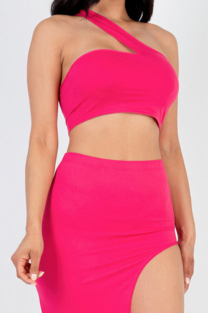 Sexy Solid One Shoulder Crop Top & Split Thigh Midi Skirt Set Pink 2