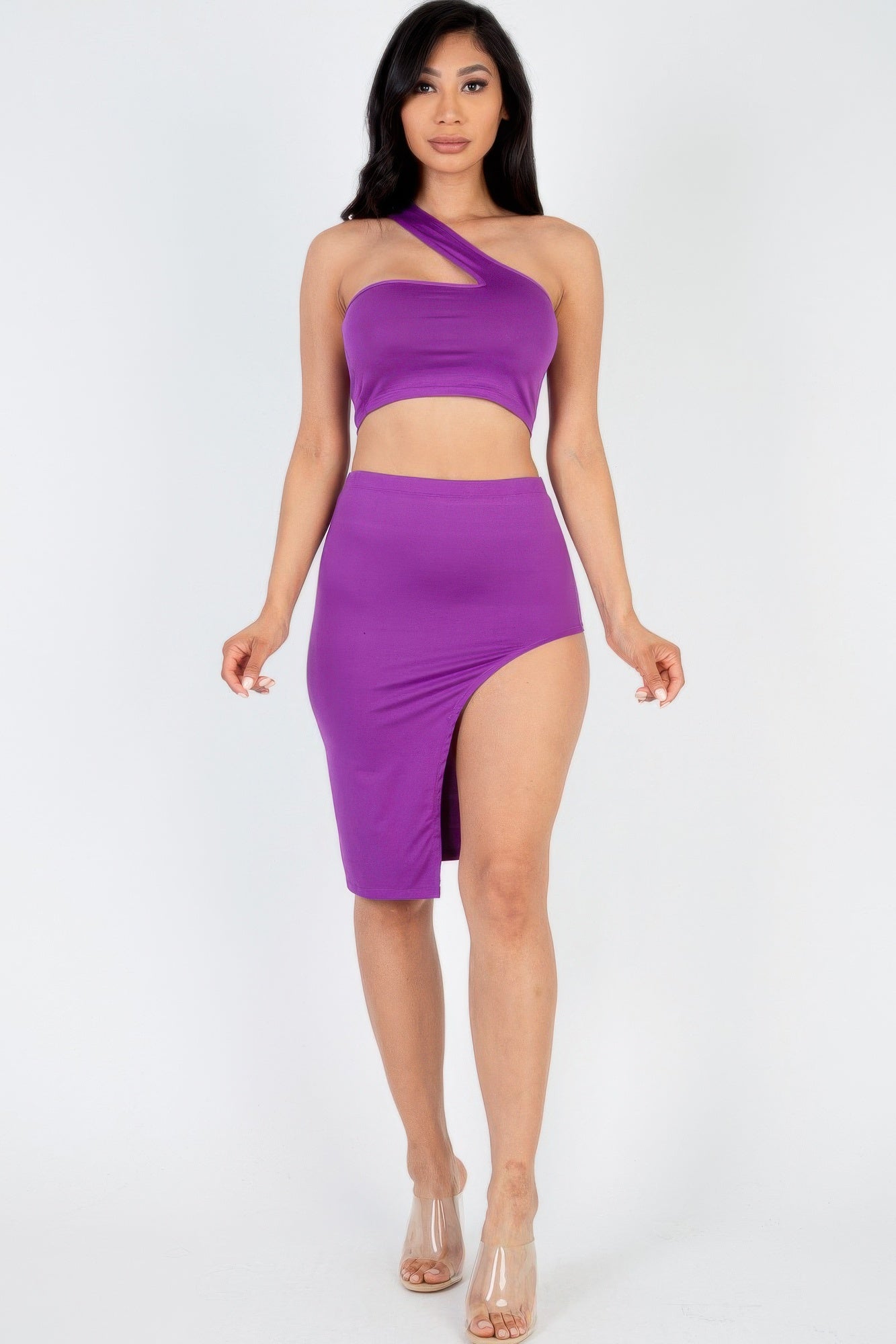 Sexy Solid One Shoulder Crop Top & Split Thigh Midi Skirt Set Purple