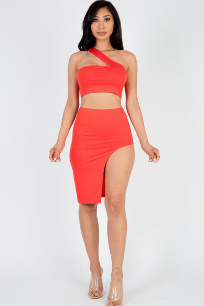Sexy Solid One Shoulder Crop Top & Split Thigh Midi Skirt Set Red
