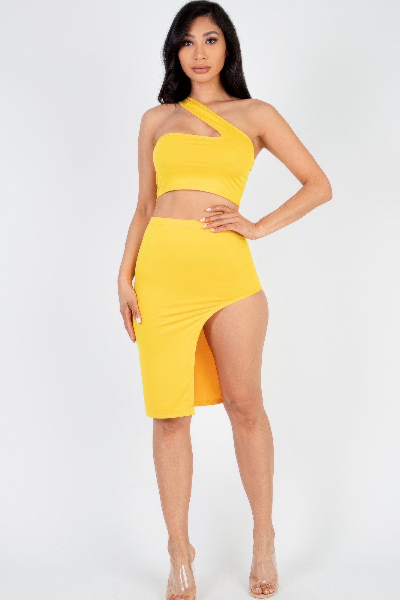 Sexy Solid One Shoulder Crop Top & Split Thigh Midi Skirt Set Yellow