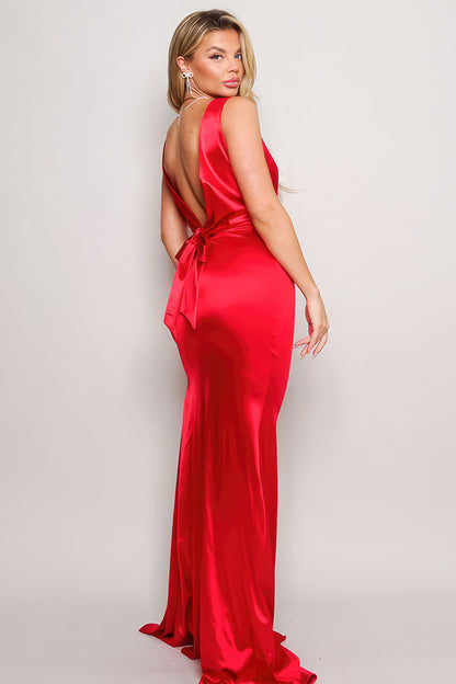 Sleeveless Deep V Low Back Bow Maxi Dress Red 3