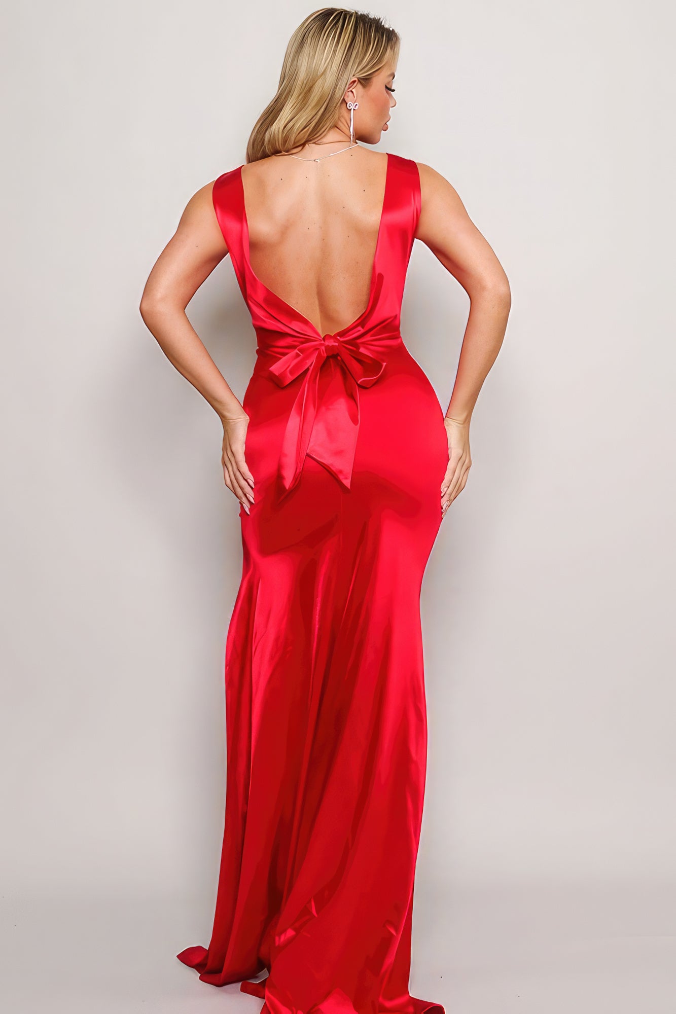 Sleeveless Deep V Low Back Bow Maxi Dress Red 4