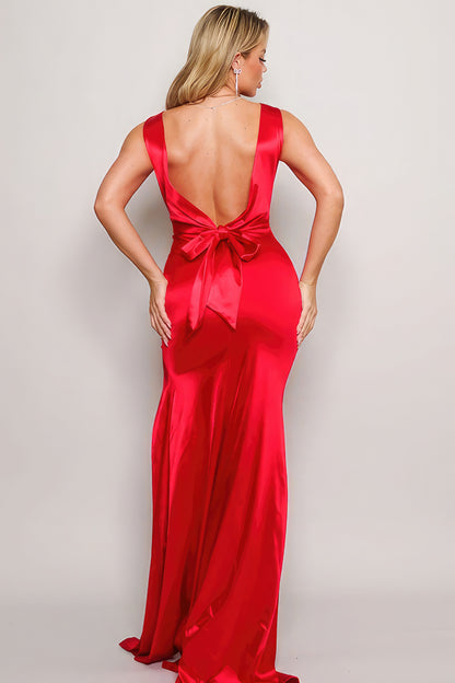 Sleeveless Deep V Low Back Bow Maxi Dress Red 4