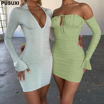 Solid Color Long Sleeve Cut Out One Piece Women Casual Dress Set