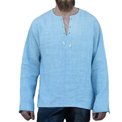 Solid Hemp Lace Up Middle Eastern Style Long Sleeve Flax Plus Shirt