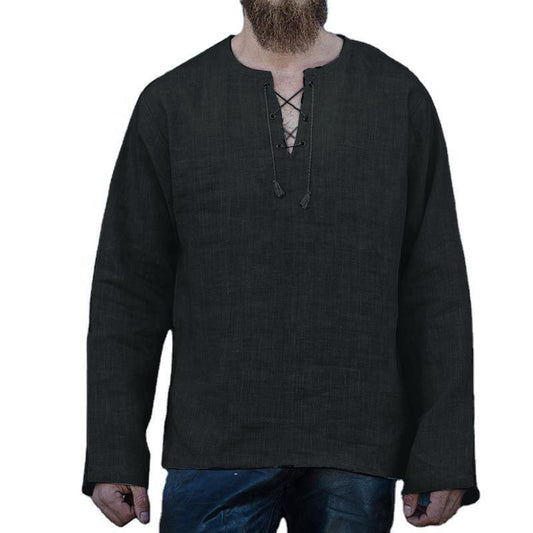 Solid Hemp Lace Up Middle Eastern Style Long Sleeve Flax Plus Shirt