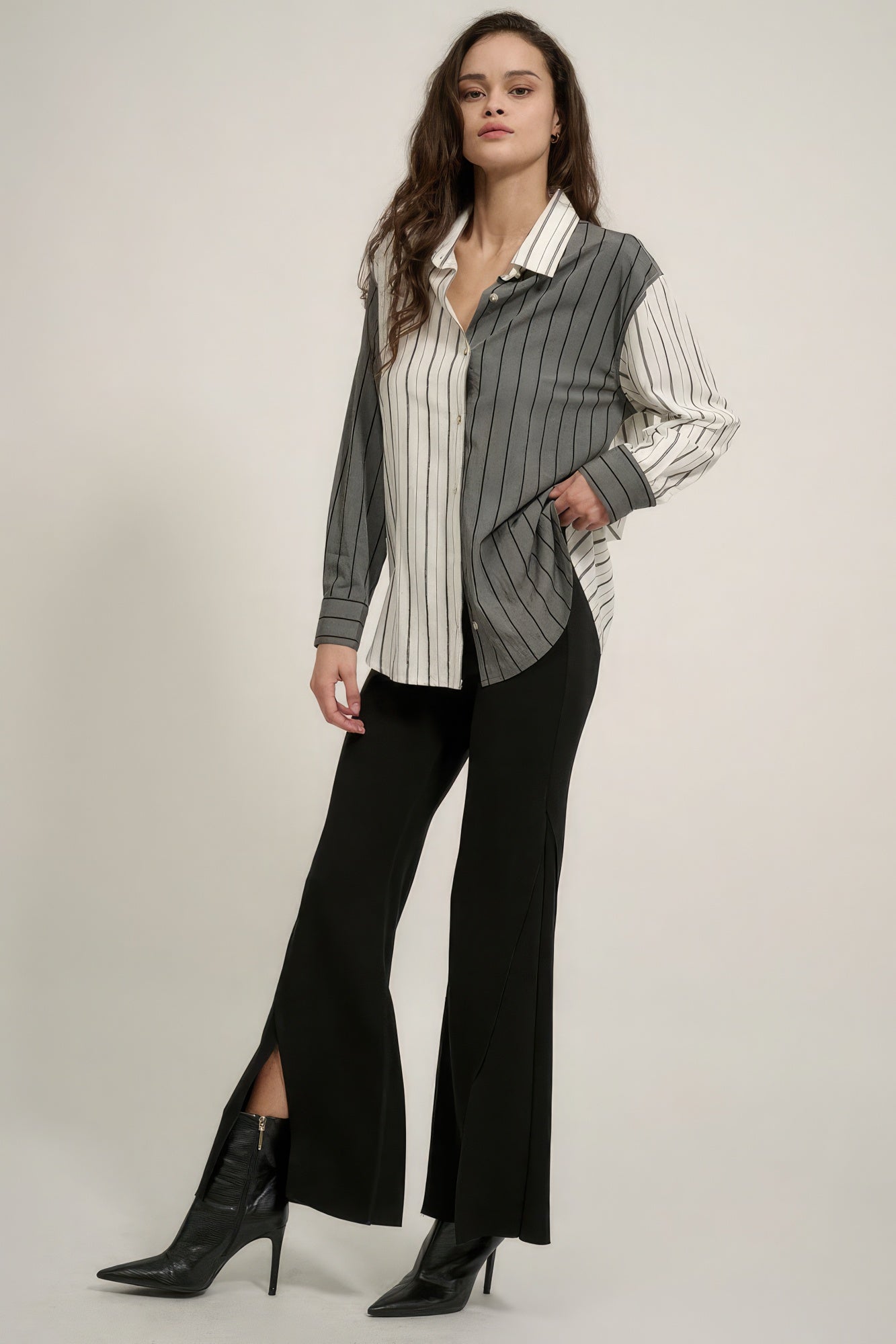 Solid Raw Edge Expose Seam Flare Pants Full Front