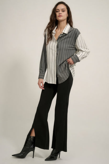 Solid Raw Edge Expose Seam Flare Pants Full Front