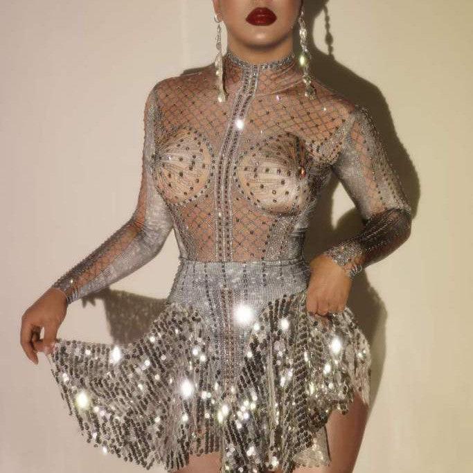 Sparkly Rhinestone Long Sleeve Top And Sequin Mini Skirt Set Turtleneck Mesh See Through Mini Skirt Sexy 2 Pieces Set Party Wear