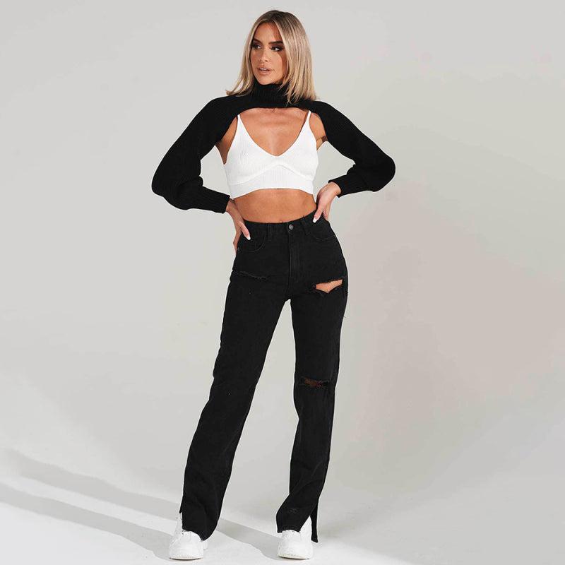 Straight-leg mopping trousers ripped ankle slit flared jeans