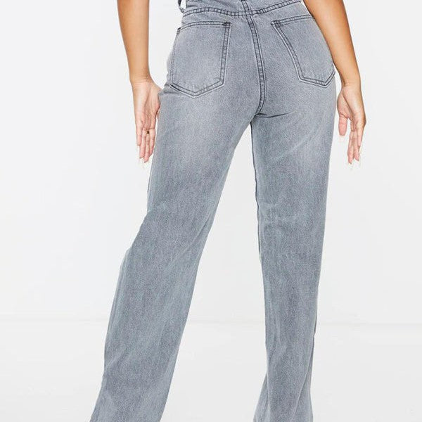 Straight-leg mopping trousers ripped ankle slit flared jeans