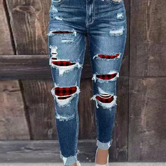 Stretch ripped denim trousers washed skinny feet tight buttocks fashion jeans for women