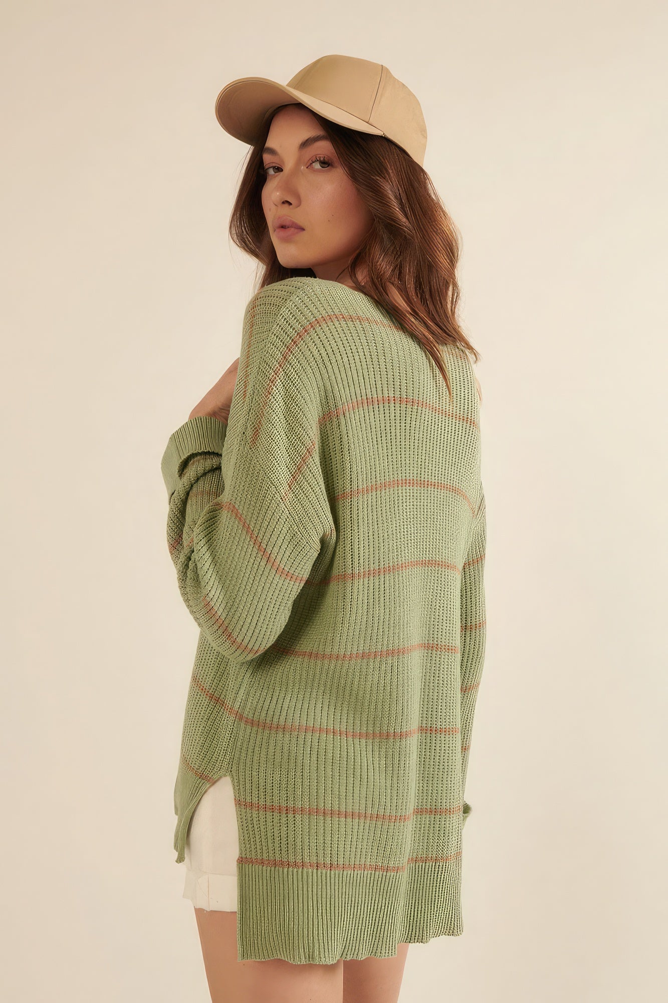 Striped Rib-knit Oversized Pocket Sweater Back
