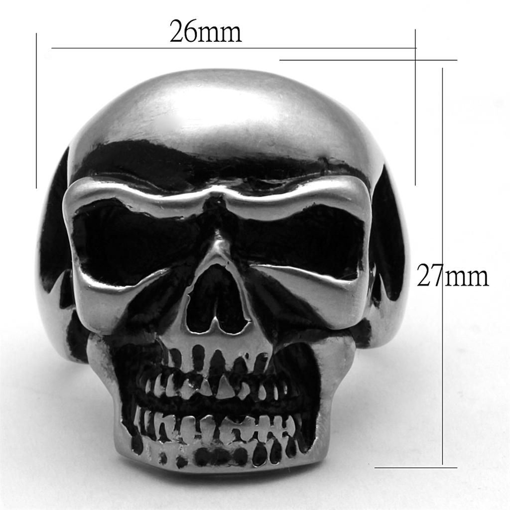 TK2419 - Antique Silver Stainless Steel Skull Ring with Epoxy in Jet
