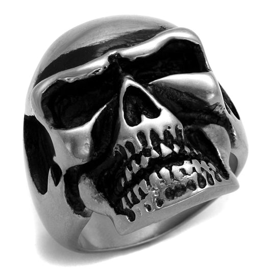 TK2419 - Antique Silver Stainless Steel Skull Ring with Epoxy in Jet