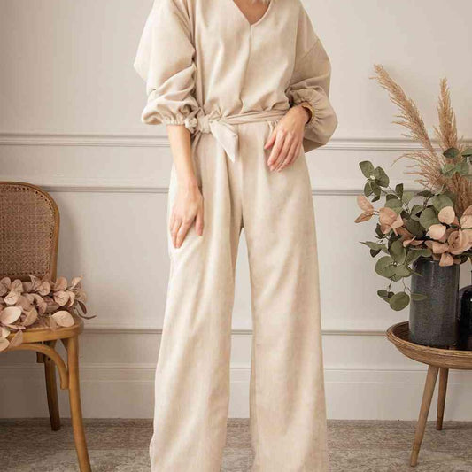 V-Neck Tie Waist Wide Leg Jumpsuit