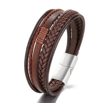 Vintage Handmade Braided Genuine Alloy Magnetic Buckle Multi-layer Leather Bracelet