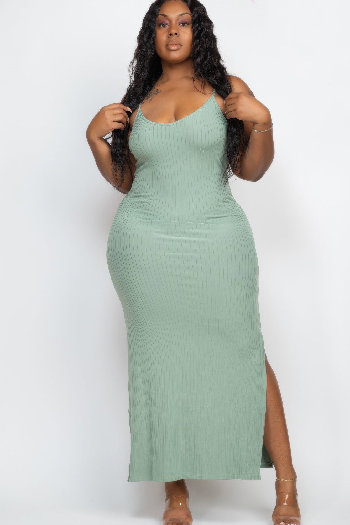 Plus Size Ribbed Side Slit Long Cami Maxi Dress