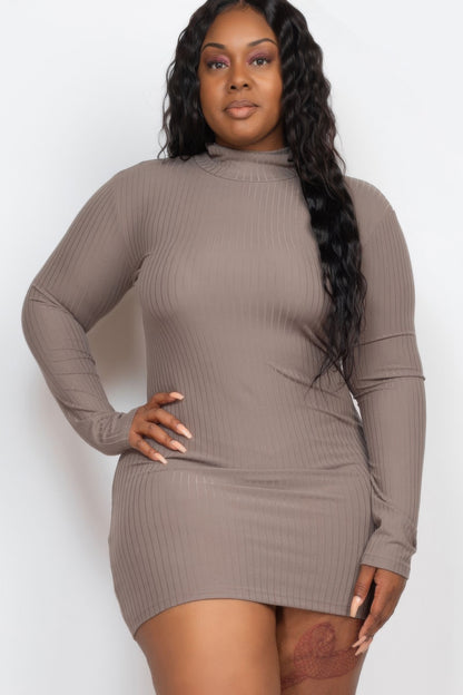 Plus Size Ribbed Long Sleeve Mock Neck Mini Bodycon Dress