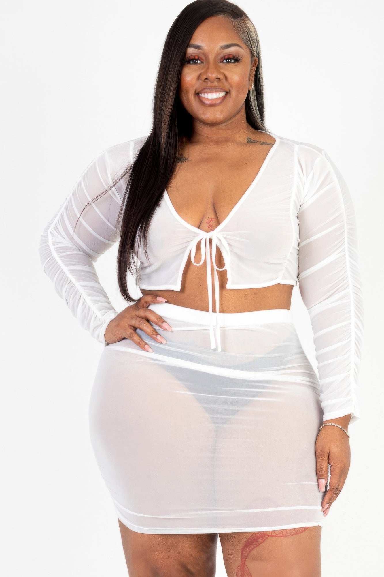 Plus Size Sheer Mesh Tie Front Crop Top & Ruched Side Mini Dress