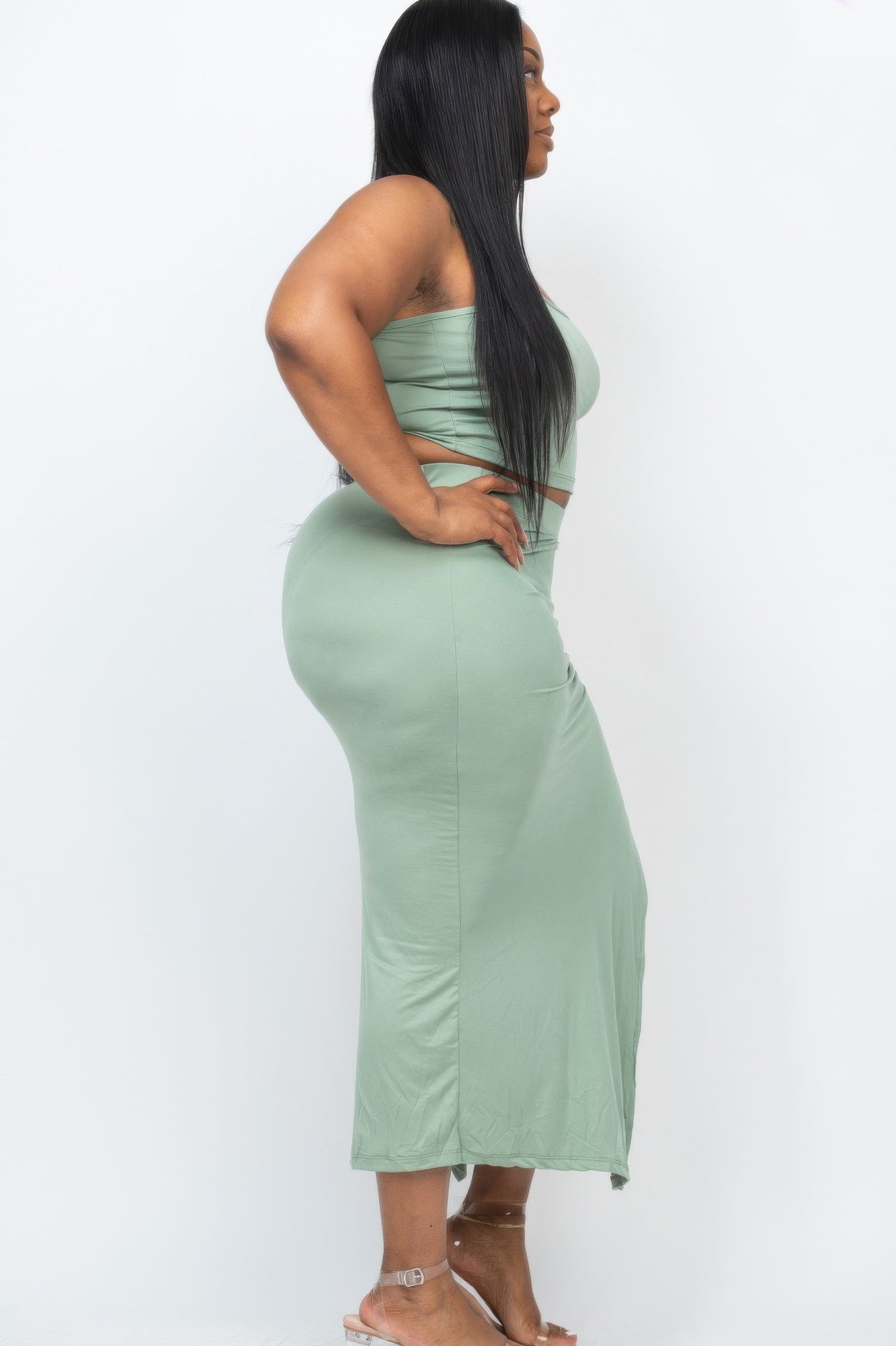 Plus Size Cami Crop Top & Ruched Side Split Hem Midi Skirt Set