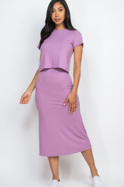 Short Sleeve Ribbed Top & Midi Skirt Set