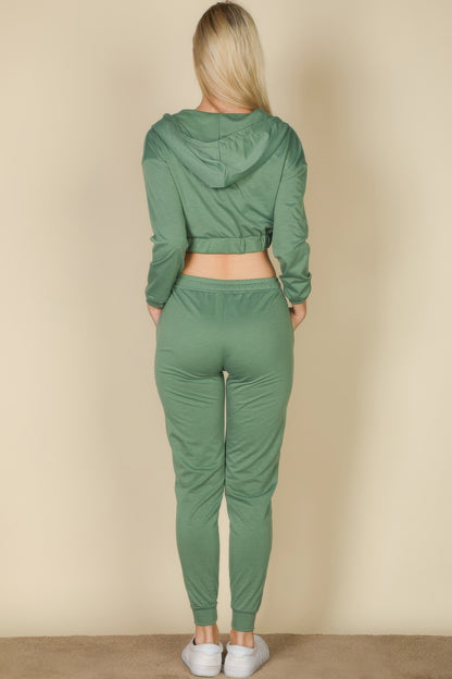 French Terry Cropped Cami With Zip-up Jacket And Joggers Set