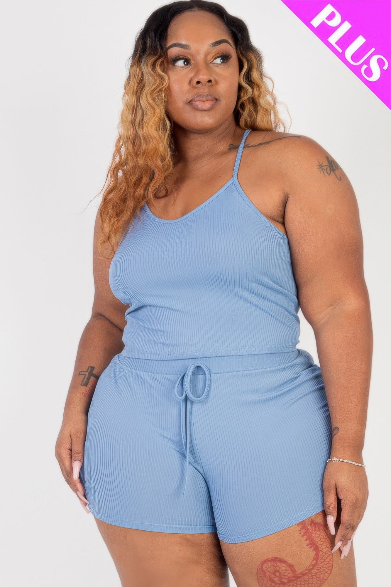 Plus Size Ribbed Crop Cami Top & Shorts Set