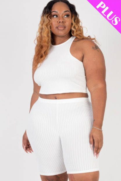 Plus Size Ribbed Cropped Tank Top And Biker Shorts Set