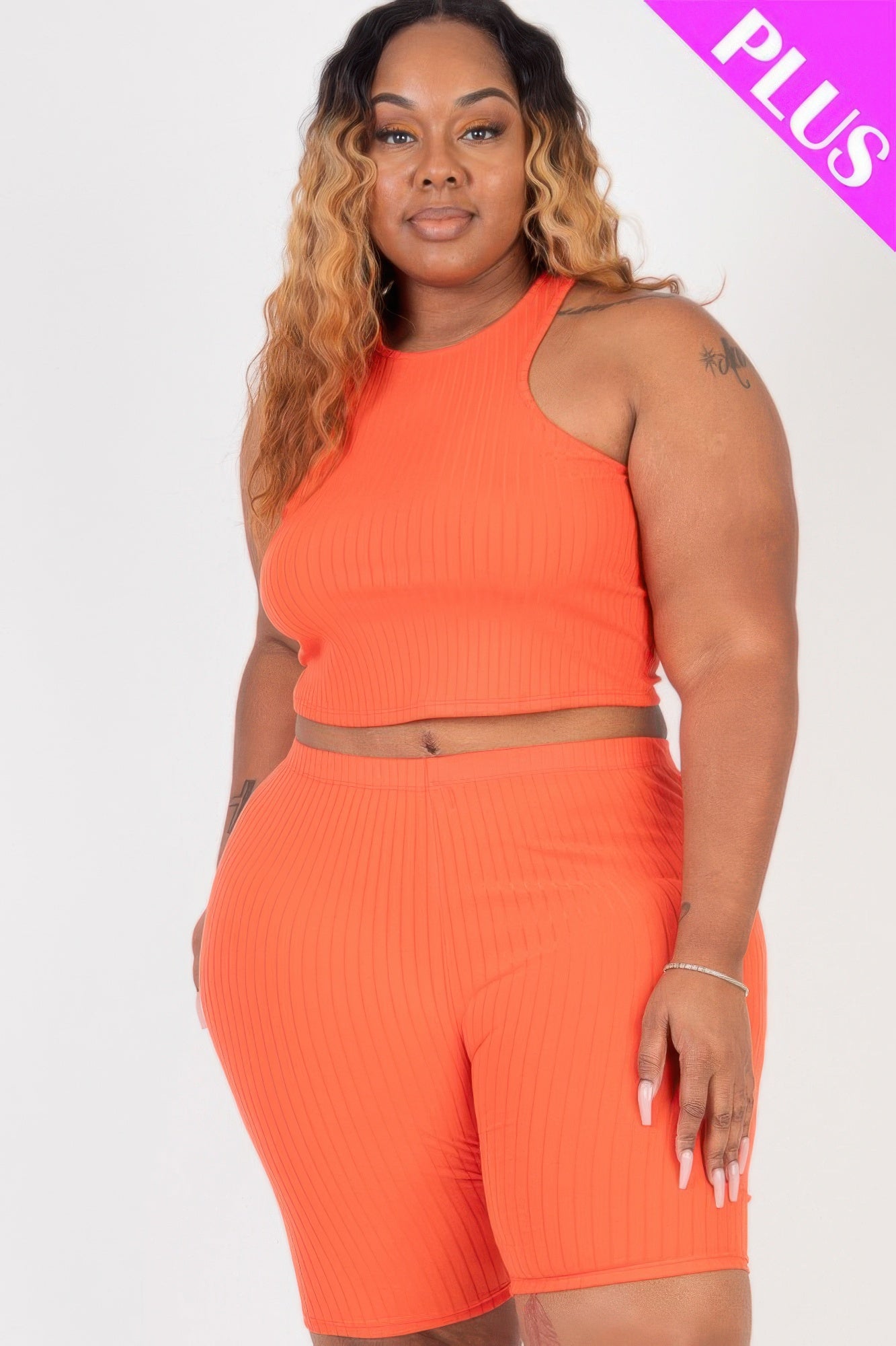 Plus Size Ribbed Cropped Tank Top And Biker Shorts Set