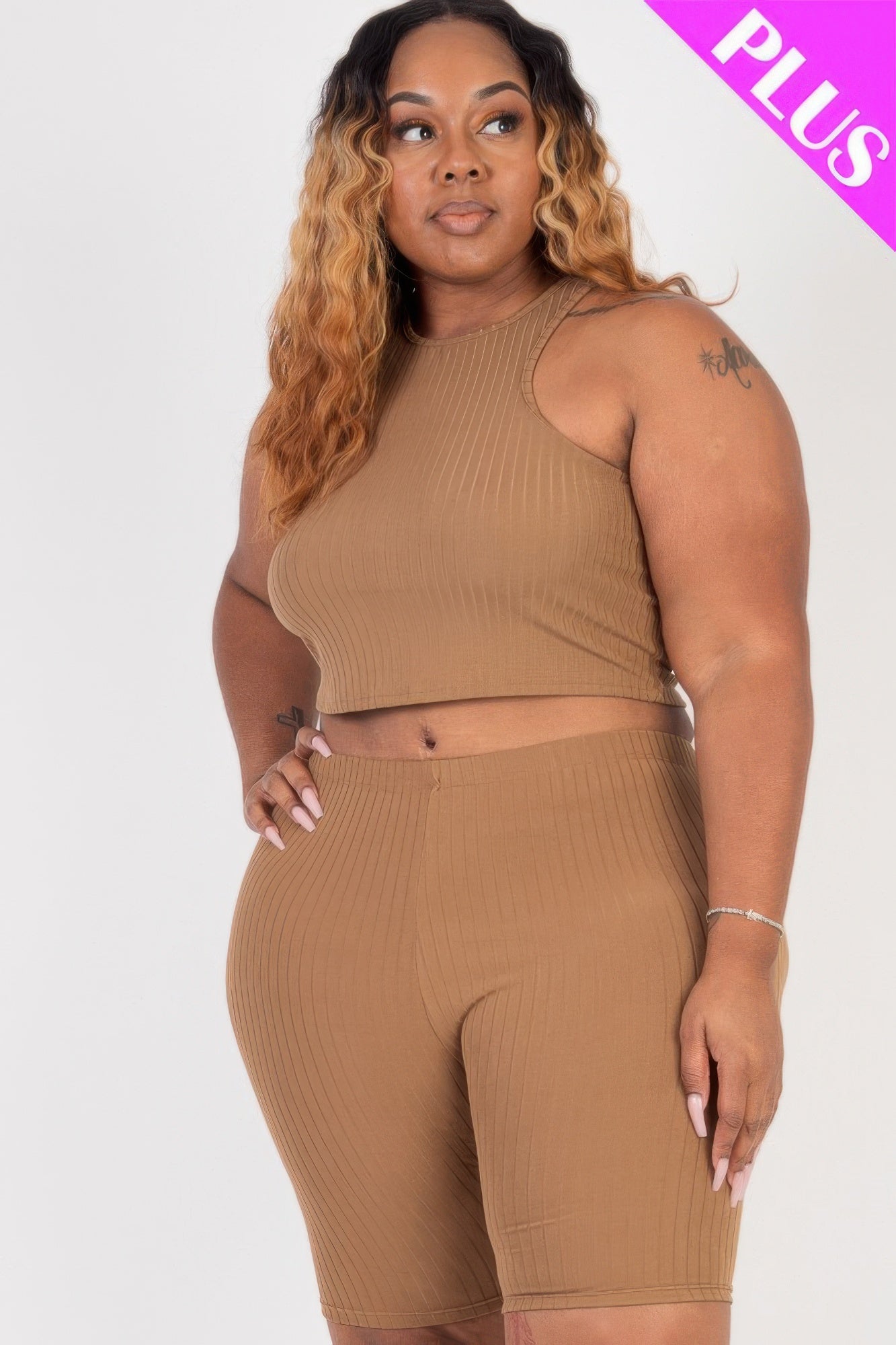 Plus Size Ribbed Cropped Tank Top And Biker Shorts Set