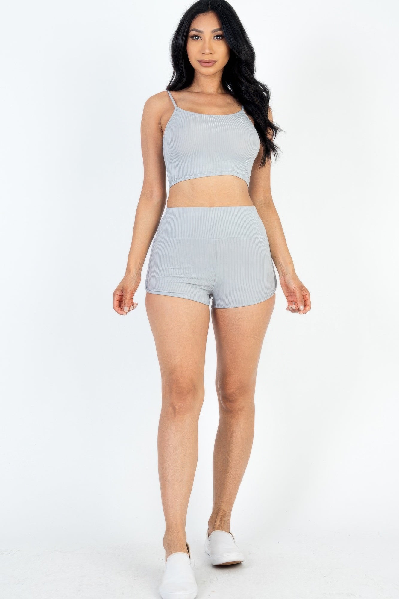 Ribbed Cami Crop Top & Ruched Shorts Set