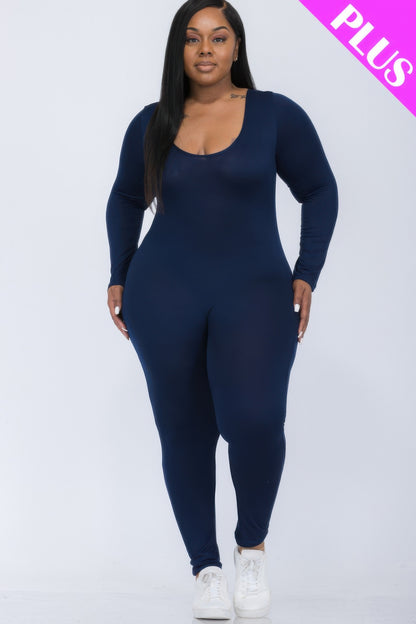 Plus Size Scoop Neck Long Sleeve Bodycon Jumpsuit