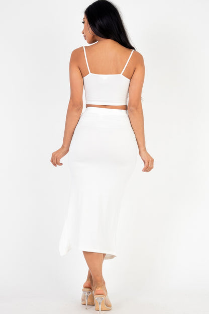 Cami Crop Top & Ruched Side Split Hem Midi Skirt Set