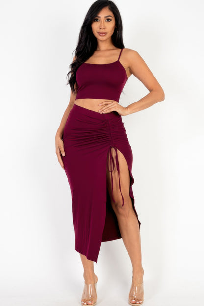 Cami Crop Top & Ruched Side Split Hem Midi Skirt Set