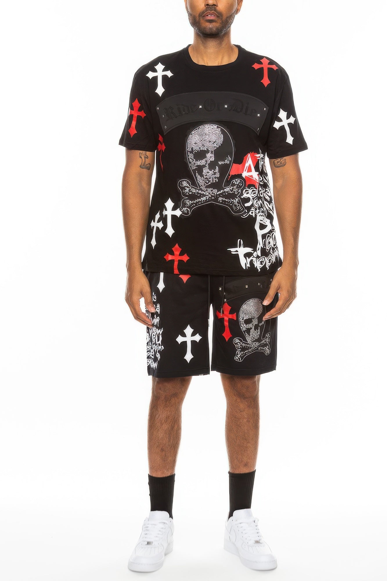 Cotton Print Chrome Cross T-Shirt Short Set