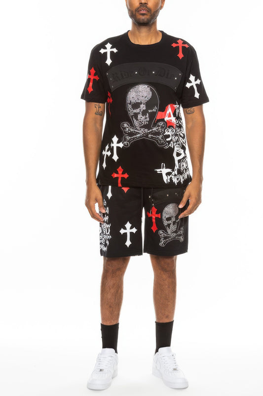 Cotton Print Chrome Cross T-Shirt Short Set