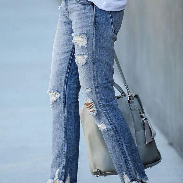 Washed Frayed Tassel Jeans Slim High Elastic Small Feet Trousers