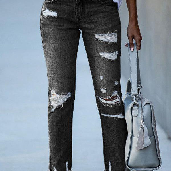 Washed Frayed Tassel Jeans Slim High Elastic Small Feet Trousers