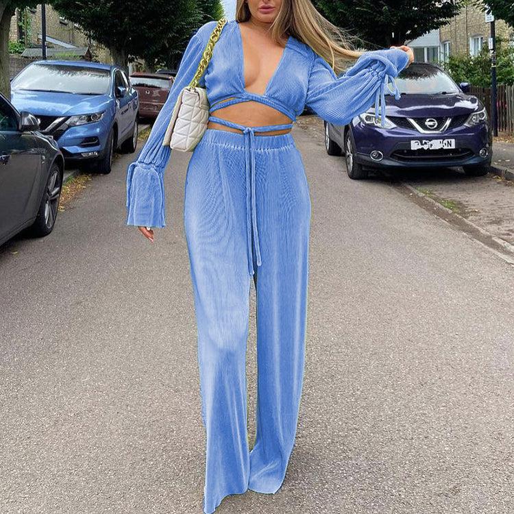 Women 2 Piece Wide Leg Trousers Matching Sets Lace Up Crop Tops Pleated Outfit