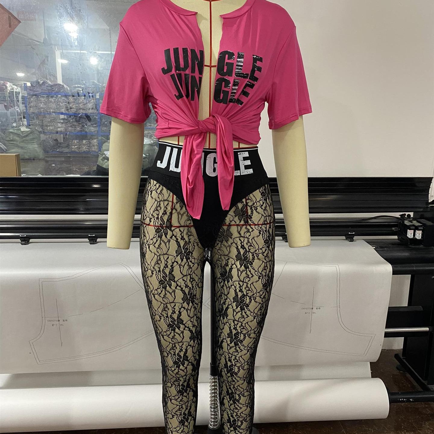 Women Clothing Two Piece Set Fashion Print Lettering T-shirt And Lace Trousers Sexy Mesh Two Piece Set