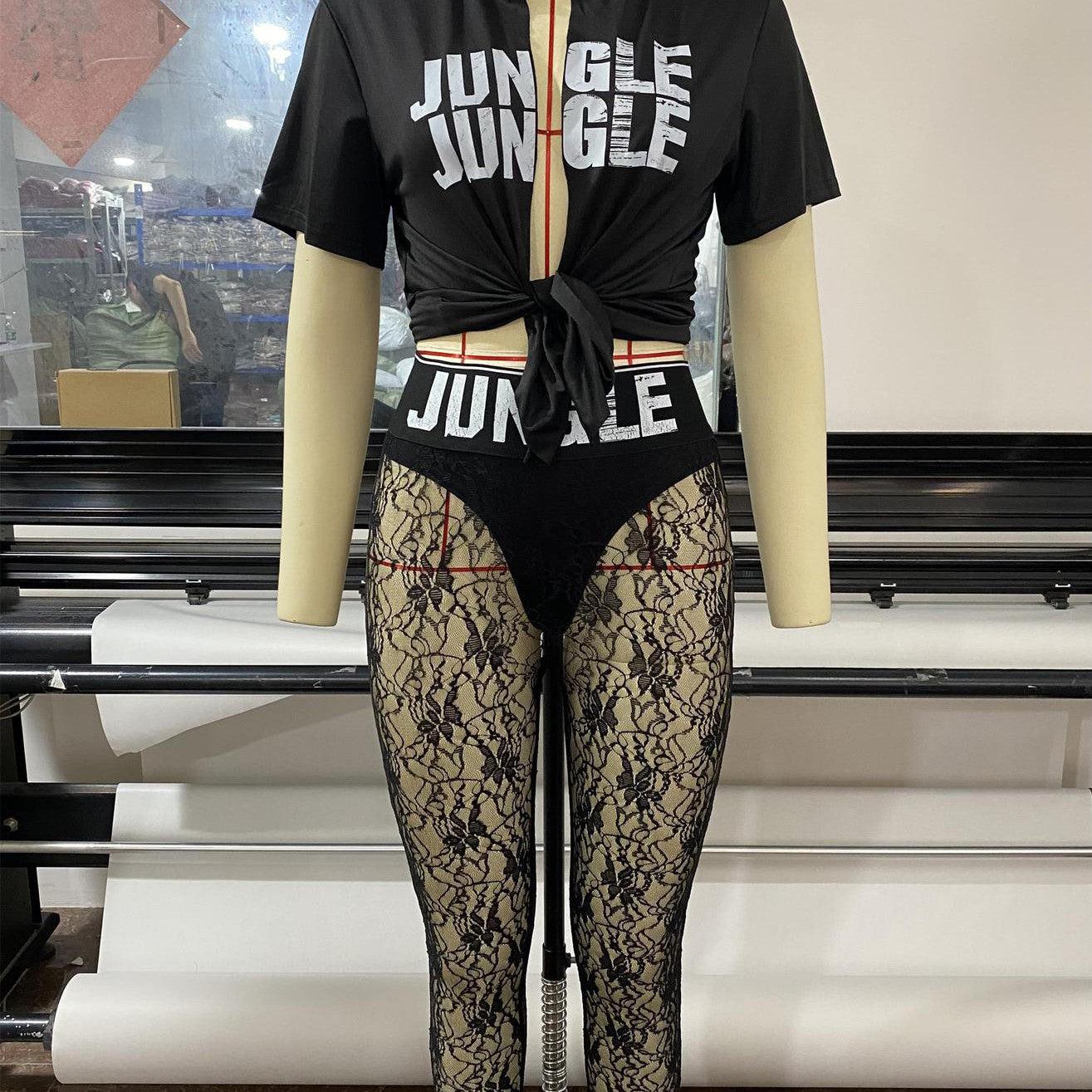 Women Clothing Two Piece Set Fashion Print Lettering T-shirt And Lace Trousers Sexy Mesh Two Piece Set