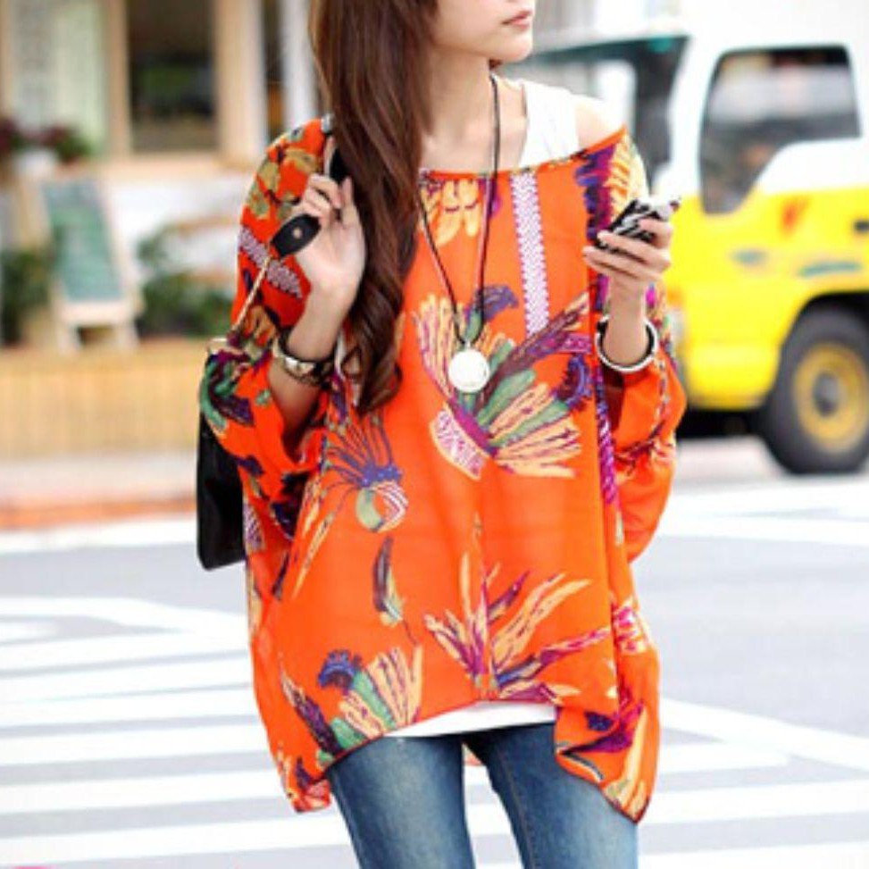 Women Loose Fit Tropical Print Chiffon Tunic Top